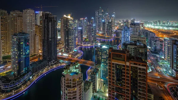 Blick Auf Verschiedene Wolkenkratzer Höchsten Wohnblock Dubai Marina Antenne Nacht — Stockfoto