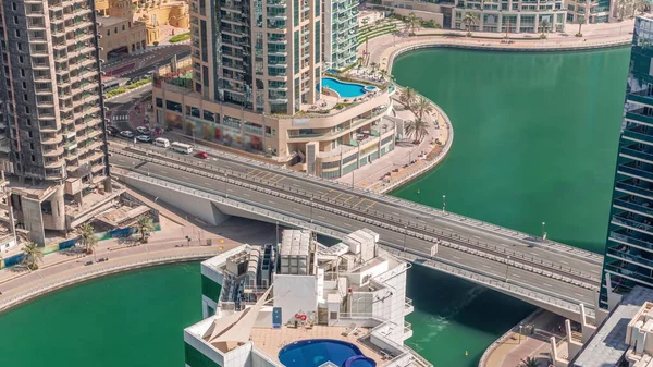 Dubai Marina Vízparti Városi Sétányon Timelapse Felülről Légi Kilátás Felhőkarcolókra — Stock Fotó