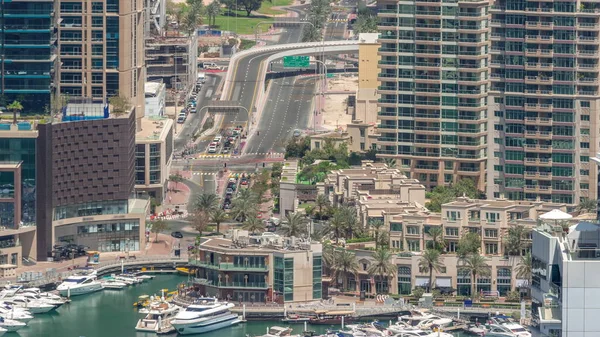 Dubai Marina Vízparti Városi Sétányon Timelapse Felülről Légi Kilátás Felhőkarcolókra — Stock Fotó