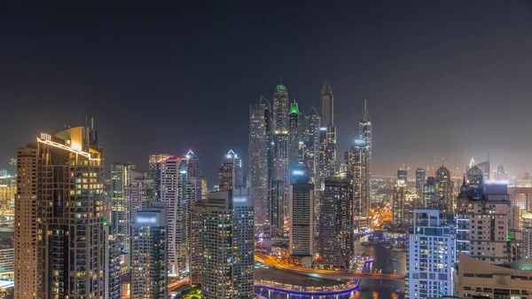 Kilátás Különböző Felhőkarcolók Legmagasabb Rekreációs Blokk Dubai Marina Légi Éjszakai — Stock Fotó