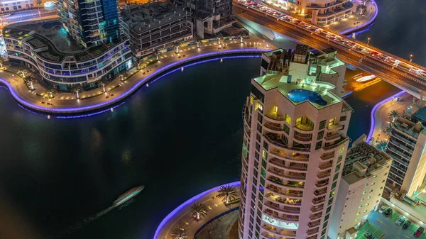 Dubai Marina Waterfront Paseo Marítimo Ciudad Timelapse Noche Desde Arriba —  Fotos de Stock