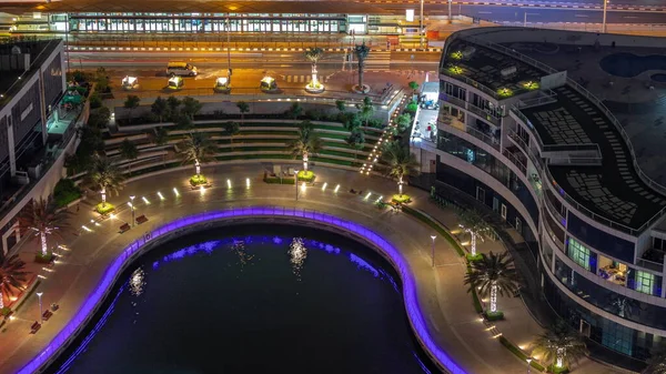 Dubai Marina Waterfront Paseo Marítimo Ciudad Timelapse Noche Desde Arriba —  Fotos de Stock