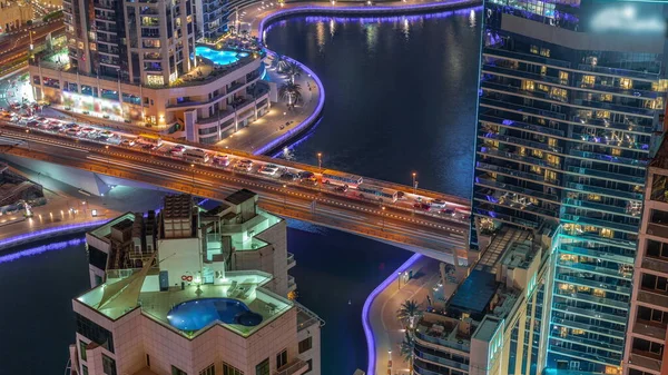 Dubai Marina Nabrzeże Promenada Miasta Noc Timelapse Góry Widok Lotu — Zdjęcie stockowe