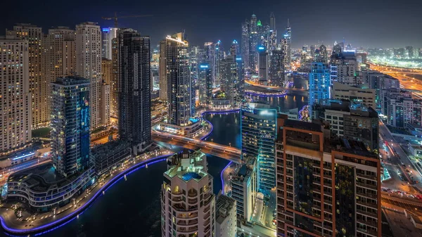 Panorama Das Verschiedene Wolkenkratzer Höchsten Wohnblock Der Dubai Marina Und — Stockfoto