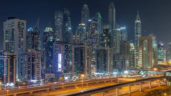 Dubai Marina Najwyższy Blok Drapaczy Chmur Nocy Timelapse Widok Lotu — Zdjęcie stockowe