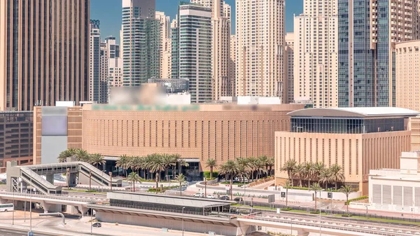 Dubai Marina Skyscrapers Shopping Mall Aerial Timelapse Main Entrance Tram — Stock Photo, Image