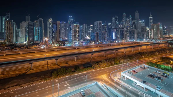 Dubai Marina Höchsten Block Von Wolkenkratzern Nacht Zeitraffer Luftpanoramablick Vom — Stockfoto