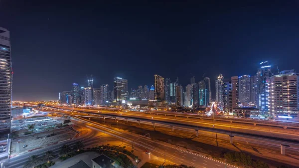 Dubai Marina Skyscrapers Panorama Шейх Заєд Дорога Метрополітеном Залізничний Нічний — стокове фото