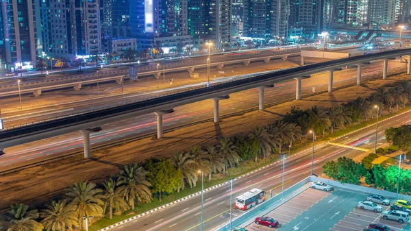 Autostrada Vicino Dubai Marina Grattacieli Notte Timelapse Vista Aerea Dal — Foto Stock