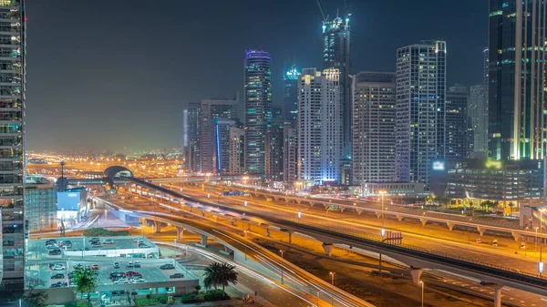 Dubai Marina Rascacielos Iluminados Sheikh Zayed Carretera Con Metro Tren —  Fotos de Stock