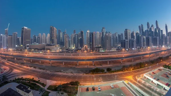 Panorama Dubai Rascacielos Marina Sheikh Zayed Carretera Con Metro Tren —  Fotos de Stock