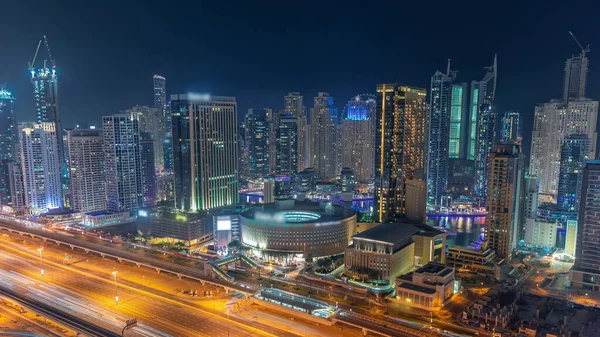 Dubai Marina Wolkenkrabbers Met Winkelcentrum Sheikh Zayed Weg Met Metro — Stockfoto