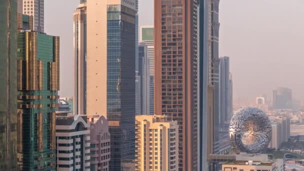 Dubai Uluslararası Finans Bölgesi Nin Birçok Gökdelen Zaman Ayarlı Havadan — Stok video