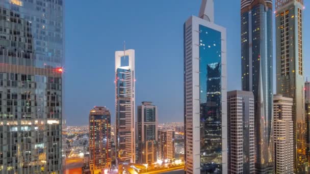Dubai International Financial District 파노라마 Aerial Panorama 밤수많은 가지고 수영장 — 비디오