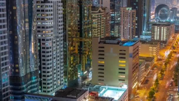 Aerial View Dubai International Financial District Skyscrapers Night Timelapse Traffic — Stock Video
