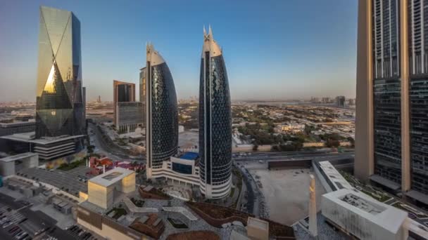 Воздушный Панорамный Вид Дубайский Международный Финансовый Район Многими Офисными Небоскребами — стоковое видео