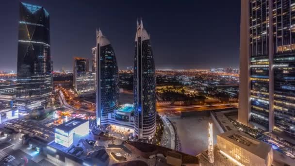 Panorama Powietrzna Dubai International Financial District Wieloma Drapaczami Chmur Nocy — Wideo stockowe