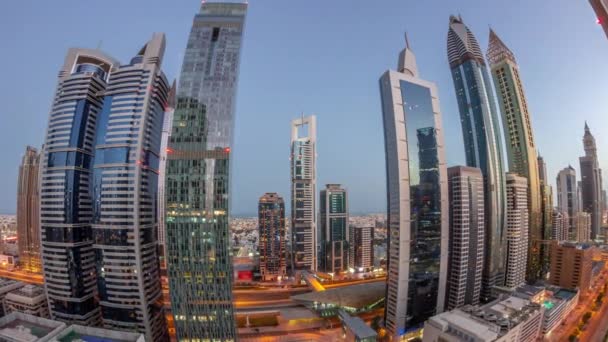 Panorama Över Dubai International Financial District Med Många Skyskrapor Natt — Stockvideo