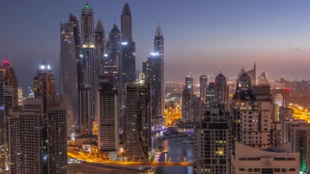 View Various Skyscrapers Tallest Recidential Block Dubai Marina Aerial Night — Stock Video