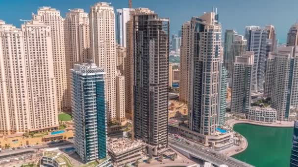Jumeirah Beach Residence Original Architecture Yellow Towers Dubai Aerial Timelapse — Stock Video