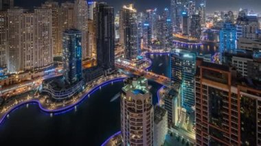 Panorama, Dubai Marina ve JDR bölgesindeki en yüksek ticari bloktaki gökdelenleri suni kanalla birlikte gösteriyor. Pek çok kule ve yat