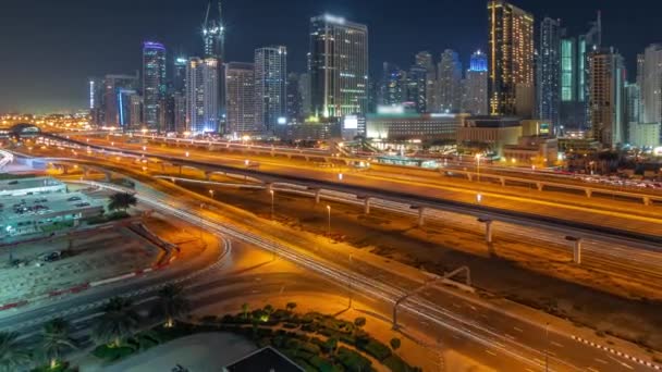 Dubai Marina Wolkenkrabbers Sheikh Zayed Weg Met Metro Spoorlijn Panoramische — Stockvideo