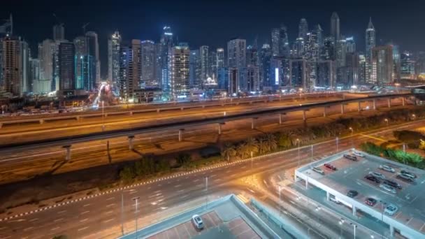 Dubai Marina Bloque Más Alto Rascacielos Noche Timelapse Vista Panorámica — Vídeo de stock