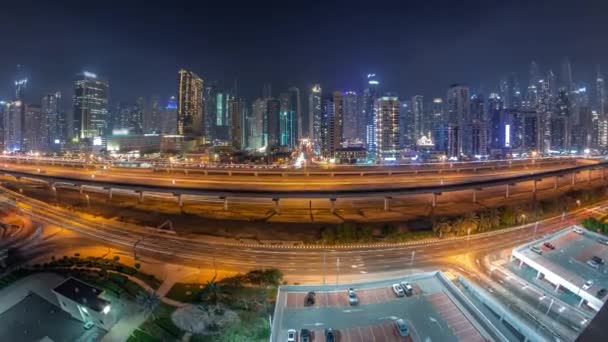 Panorama Van Dubai Marina Wolkenkrabbers Sheikh Zayed Weg Met Metro — Stockvideo