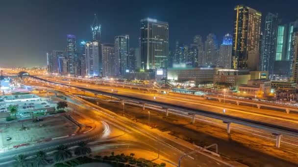 Dubai Marina Rascacielos Sheikh Zayed Carretera Con Metro Tren Aéreo — Vídeo de stock