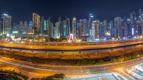 Panorama Van Dubai Marina Wolkenkrabbers Sheikh Zayed Weg Met Metro — Stockvideo