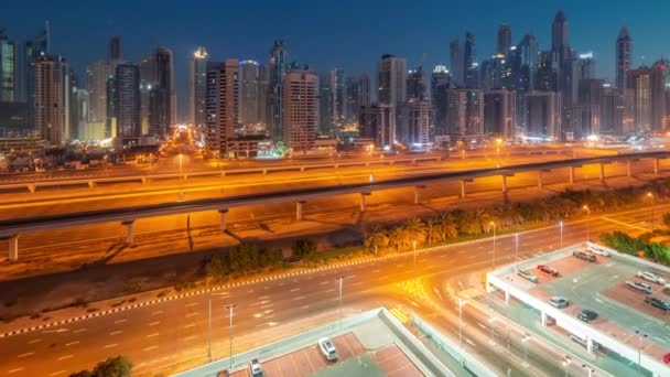 Dubai Marina Bloque Más Alto Rascacielos Noche Día Timelapse Transición — Vídeos de Stock