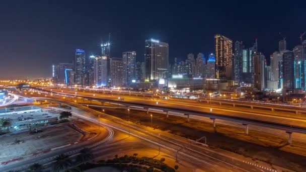 Panorama Dubajského Přístavu Mrakodrapy Zhasnutými Světly Sheikh Zayed Silnice Metro — Stock video