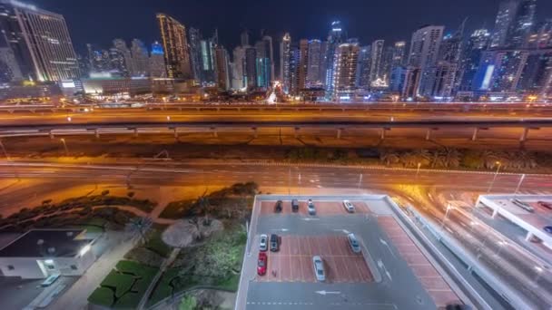 Dubai Marina Rascacielos Sheikh Zayed Carretera Con Metro Tren Aéreo — Vídeo de stock