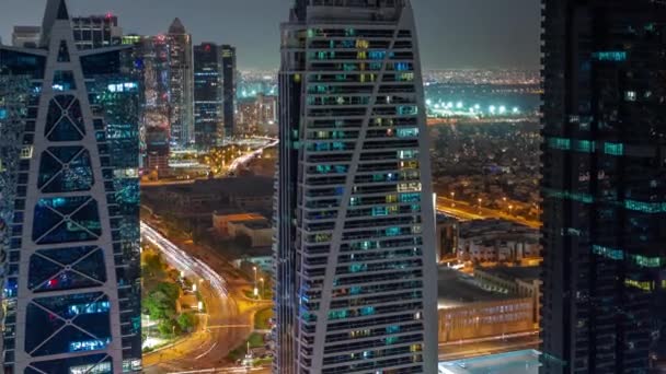 Edifícios Residenciais Altos Jlt Distrito Aéreo Noite Timelapse Parte Dubai — Vídeo de Stock