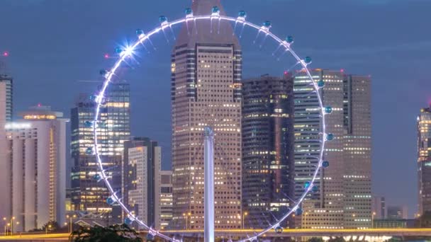 Skyline Singapore Famous Singapore Ferries Wheel Night Day Transition Timelapse — Stock video