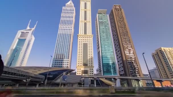 Skyskrapor Sheikh Zayed Road Dubai Timelapse Hyperlapse Vid Solnedgången — Stockvideo