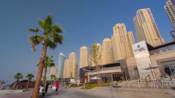 Dubai Jumeirah Beach Residence Panorama Met Palmen Timelapse Zonsondergang Tijd — Stockvideo