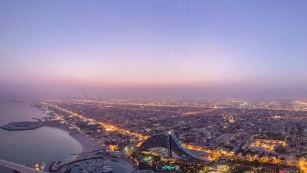 Skyline View Dubai Night Day Transition Showing Burj Khalifa Skyscrapers — Stok video