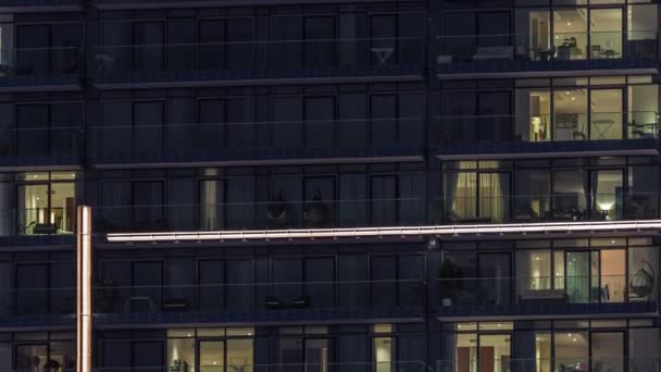 Плоская Ночная Панорама Огней Панорамных Окнах Многоэтажных Зданий Воздушного Времени — стоковое видео