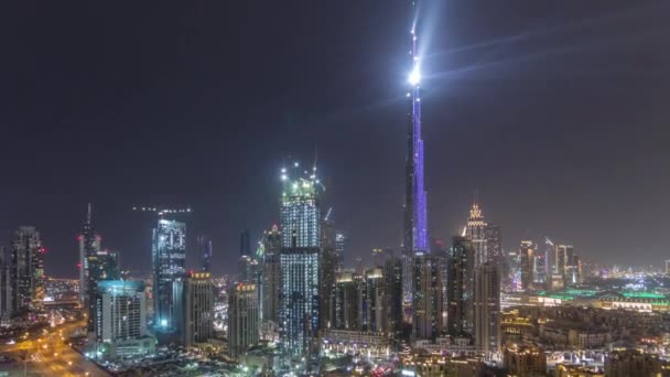 Dubai Downtown Cityscape Med Burj Khalifa Lightup Lysshow Antenne Panoramisk – Stock-video