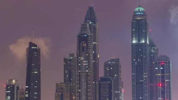 Rascacielos Modernos Ciudad Dubai Noche Día Timelapse Transición Isla Palm — Vídeos de Stock