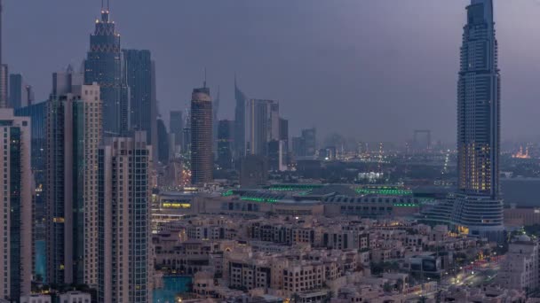 Dubai Downtown Nacht Tag Übergang Zeitraffer Luftaufnahme Einer Futuristischen Großstadt — Stockvideo