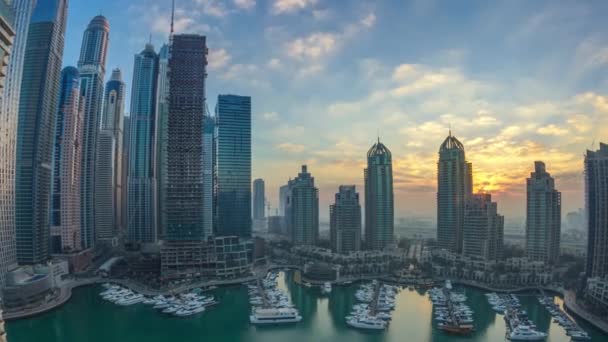 Panorama Rascacielos Modernos Que Brillan Amanecer Luces Timelapse Dubai Marina — Vídeo de stock