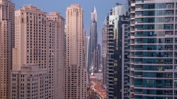 Avond Verlichting Van Dubai Marina Jbr Dag Naar Nacht Overgang — Stockvideo