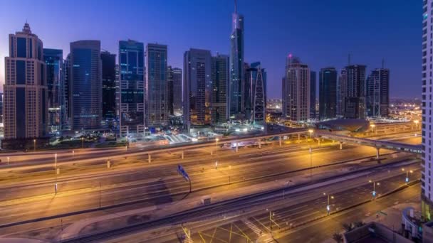 Légköri Felhőkarcoló Jumeirah Tavak Tornyok Megvilágított Felhőkarcolók Éjjel Nappal Átmenet — Stock videók