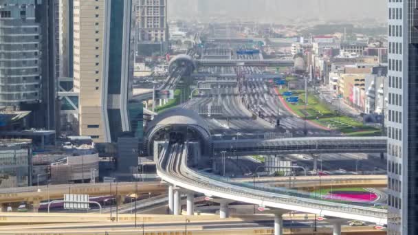 Dubai Downtown Skyline Morning Timelapse Sheikh Zayed Road Intersection Traffic — Stock Video