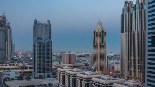 Dubai Downtown Skyline Nacht Auf Tag Übergang Zeitraffer Und Scheich — Stockvideo
