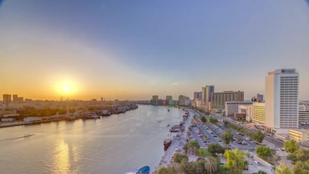 Dubaï Paysage Ruisseau Coucher Soleil Timelapse Avec Des Bateaux Des — Video