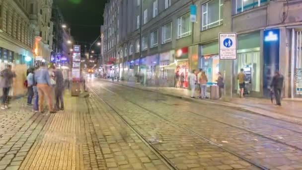 Przystanek Tramwajowy Przy Placu Wacława Pradze Noc Timelapse Zmierzch Czas — Wideo stockowe