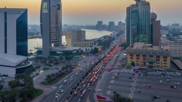 Dubai Creek Краєвид День Ніч Timelapse Перехід Човнів Катерів Сучасних — стокове відео